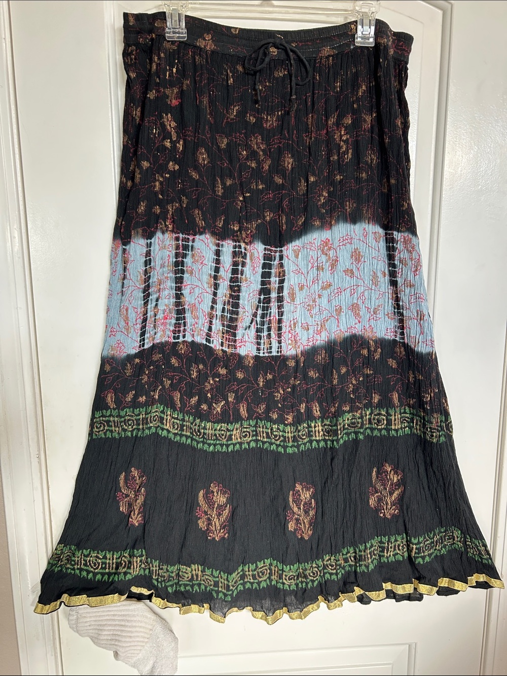 Boho Black Floral Maxi Skirt with Light Blue Band